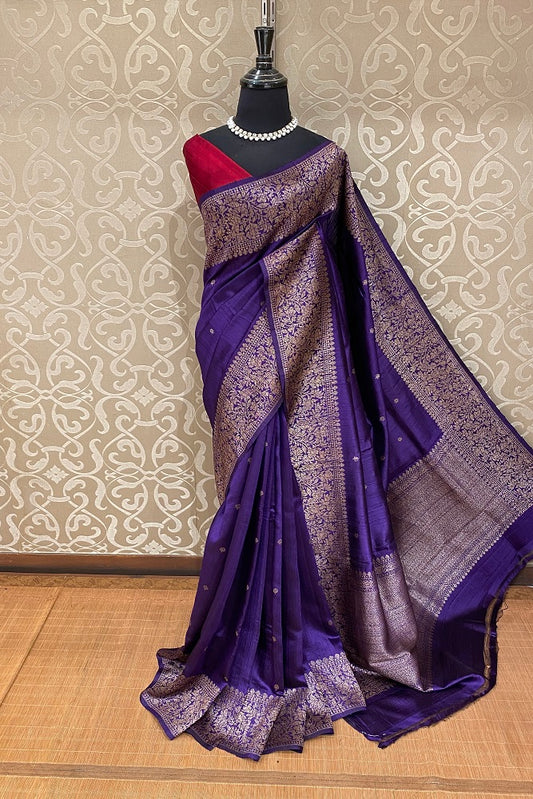 Purple Pure Raw Tussar Banarasi Silk Saree, Hand Woven Motifs With Blouse