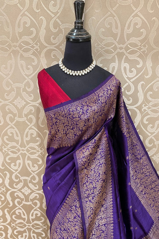 Purple Pure Raw Tussar Banarasi Silk Saree, Hand Woven Motifs With Blouse
