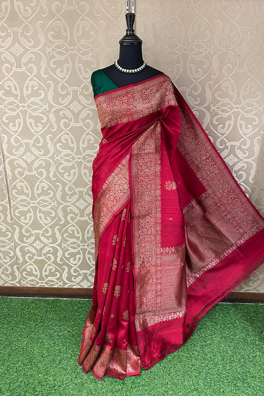 Red Pure Raw Tussar Banarasi Silk Saree, Hand Woven Motifs With Blouse