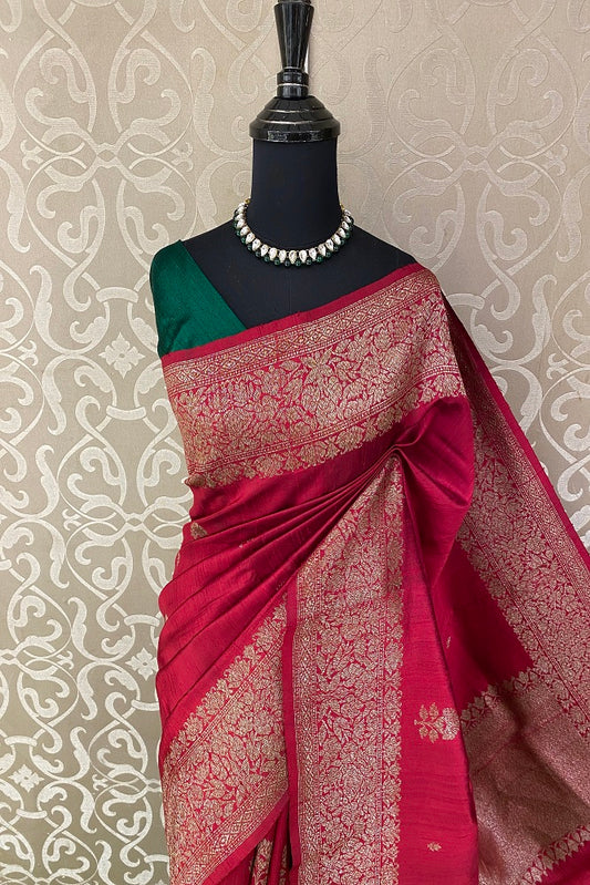 Red Pure Raw Tussar Banarasi Silk Saree, Hand Woven Motifs With Blouse