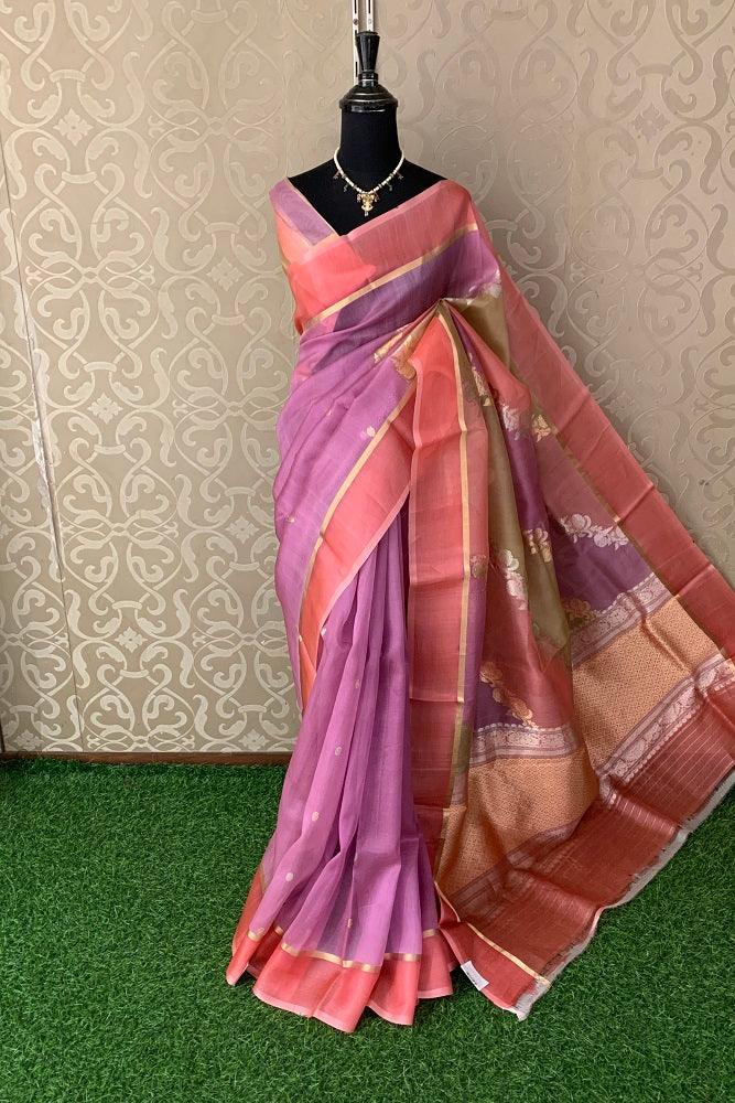 Mauve Kora Banarasi Silk Saree With Multi Colour Pattern