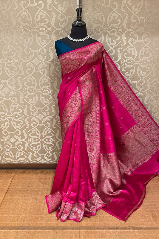 Pink Pure Raw Tussar Banarasi Silk Saree, Hand Woven Motifs With Blouse