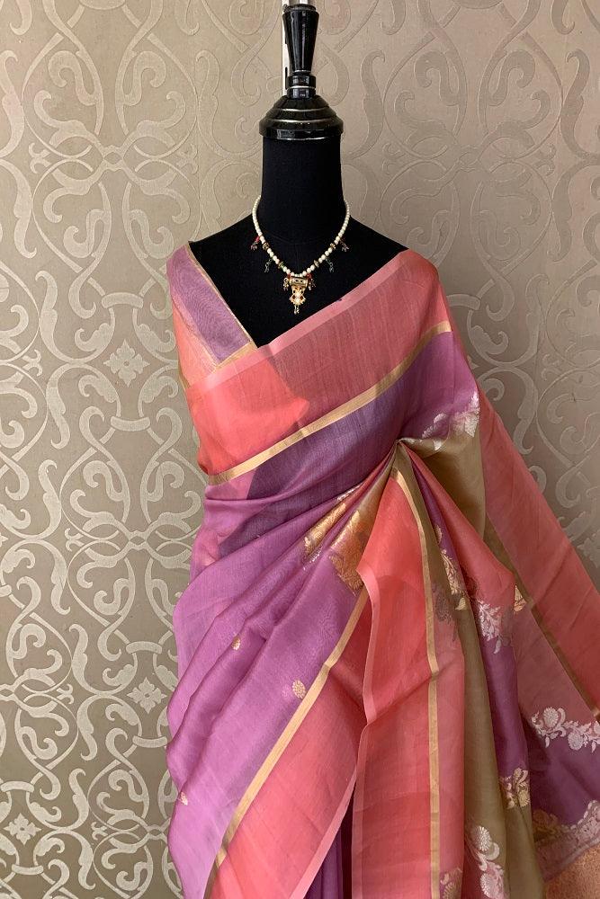 Mauve Kora Banarasi Silk Saree With Multi Colour Pattern