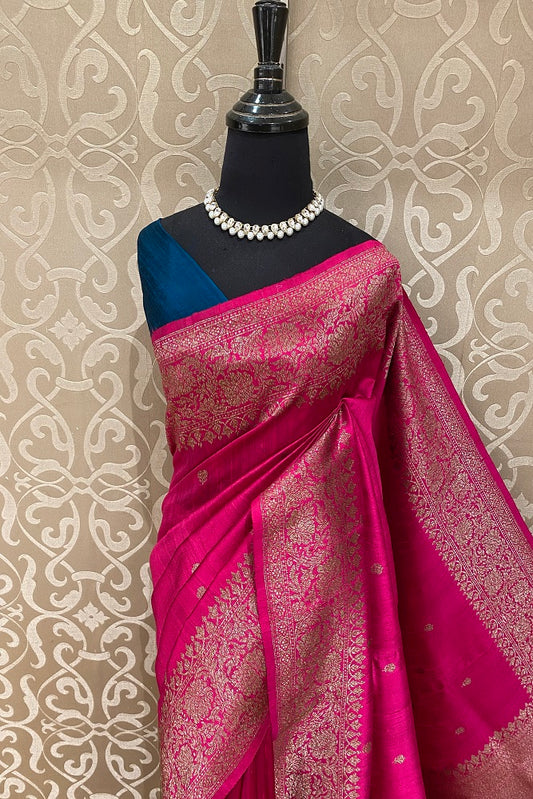 Pink Pure Raw Tussar Banarasi Silk Saree, Hand Woven Motifs With Blouse