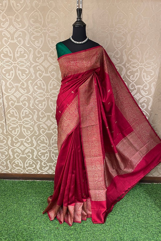 Red Pure Raw Tussar Banarasi Silk Saree, Hand Woven Motifs With Blouse