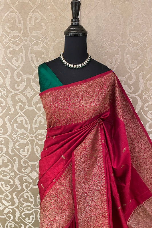 Red Pure Raw Tussar Banarasi Silk Saree, Hand Woven Motifs With Blouse