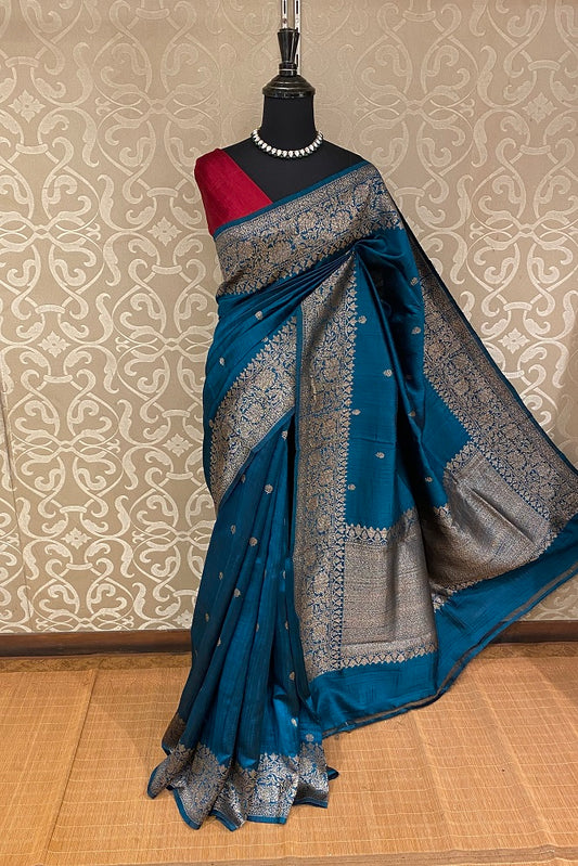 Teal Pure Raw Tussar Banarasi Silk Saree, Hand Woven Motifs With Blouse