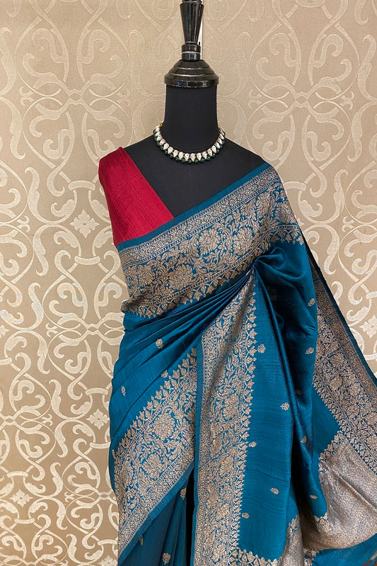 Teal Pure Raw Tussar Banarasi Silk Saree, Hand Woven Motifs With Blouse