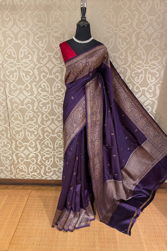 Purple Pure Raw Tussar Banarasi Silk Saree, Hand Woven Motifs With Blouse