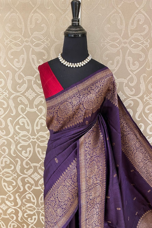 Purple Pure Raw Tussar Banarasi Silk Saree, Hand Woven Motifs With Blouse