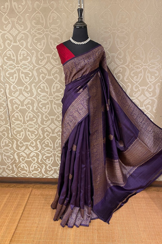 Purple Pure Raw Tussar Banarasi Silk Saree, Hand Woven Motifs With Blouse