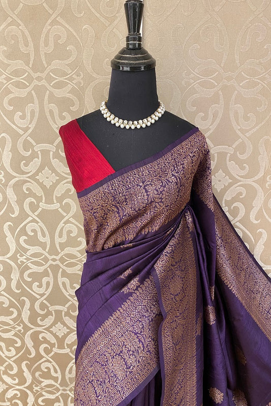 Purple Pure Raw Tussar Banarasi Silk Saree, Hand Woven Motifs With Blouse
