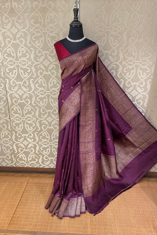 Wine Pure Raw Tussar Banarasi Silk Saree, Hand Woven Motifs With Blouse