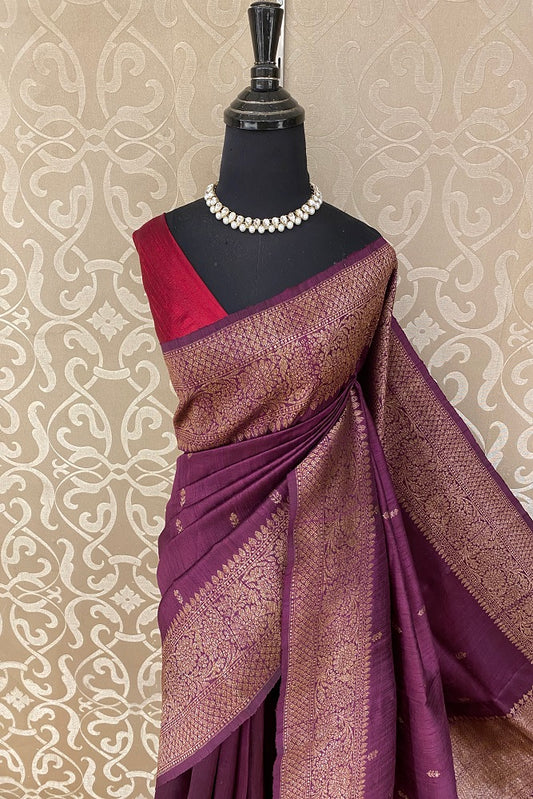 Wine Pure Raw Tussar Banarasi Silk Saree, Hand Woven Motifs With Blouse