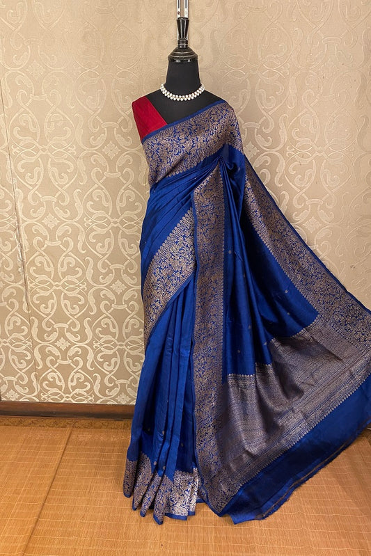 Blue Pure Raw Tussar Banarasi Silk Saree, Hand Woven Motifs With Blouse