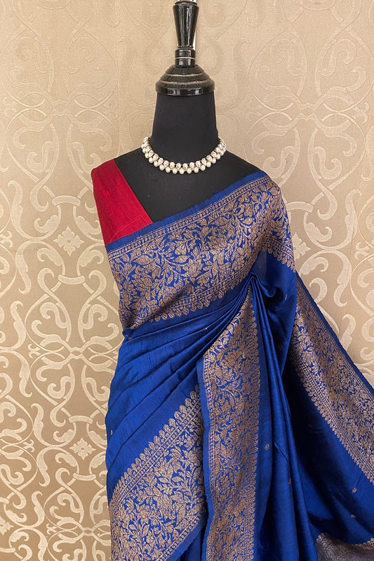 Blue Pure Raw Tussar Banarasi Silk Saree, Hand Woven Motifs With Blouse