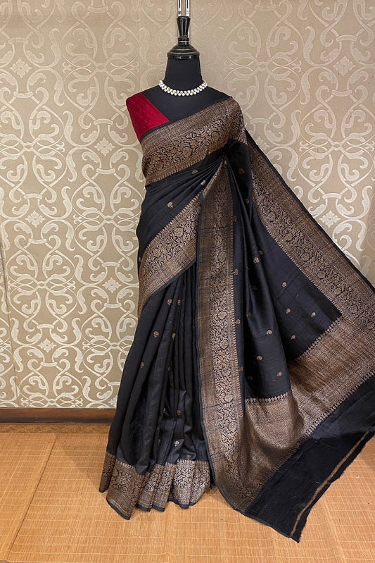 Black Pure Raw Tussar Banarasi Silk Saree, Hand Woven Motifs With Blouse