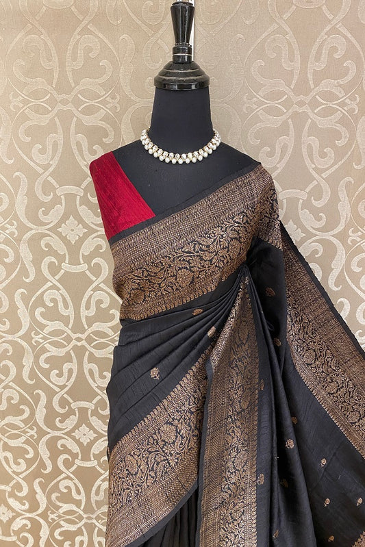 Black Pure Raw Tussar Banarasi Silk Saree, Hand Woven Motifs With Blouse