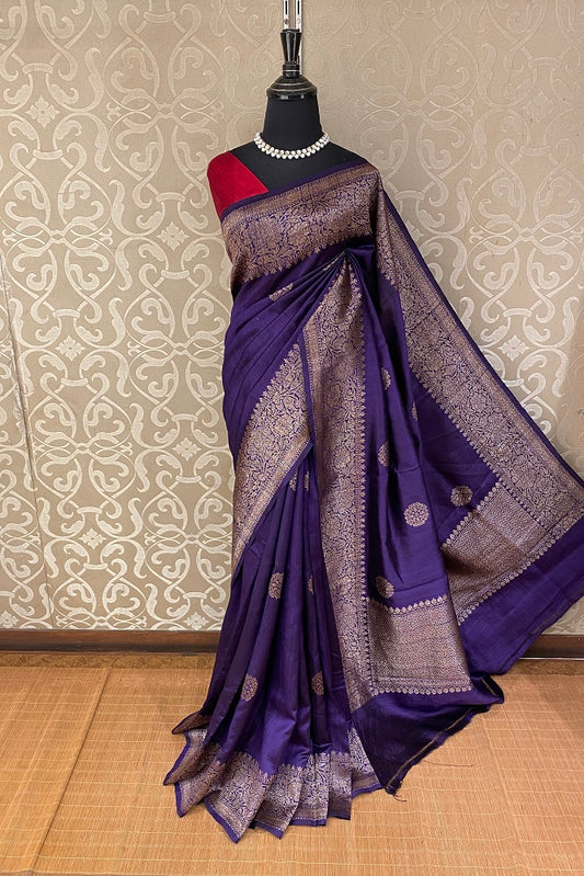 Purple Pure Raw Tussar Banarasi Silk Saree, Hand Woven Motifs With Blouse