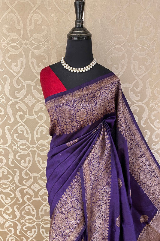 Purple Pure Raw Tussar Banarasi Silk Saree, Hand Woven Motifs With Blouse