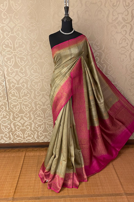 Olive Green & Pink Pure Tussar Banarasi Silk Saree, Hand Woven Motifs With Blouse