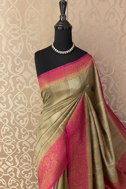 Olive Green & Pink Pure Tussar Banarasi Silk Saree, Hand Woven Motifs With Blouse