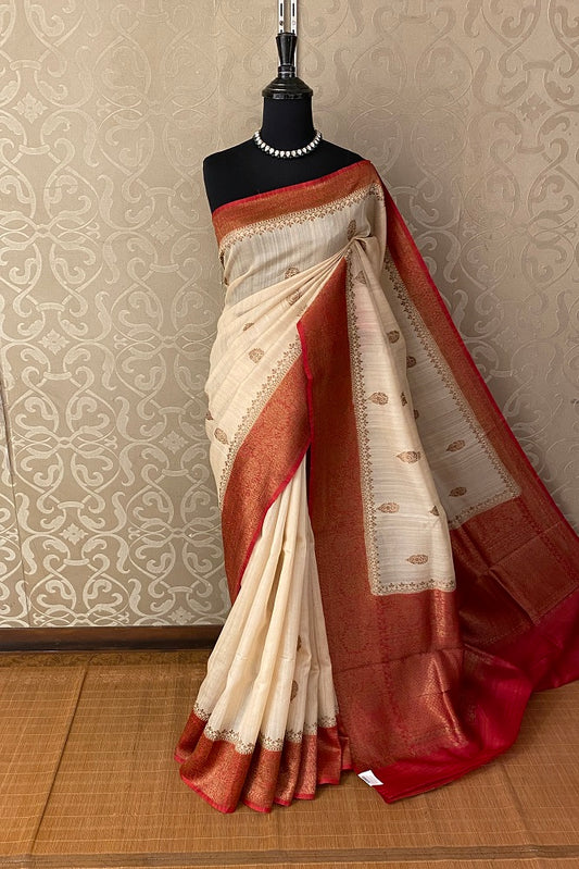Offwhite Red Pure Tussar Banarasi Silk Saree, Hand Woven Motifs With Blouse