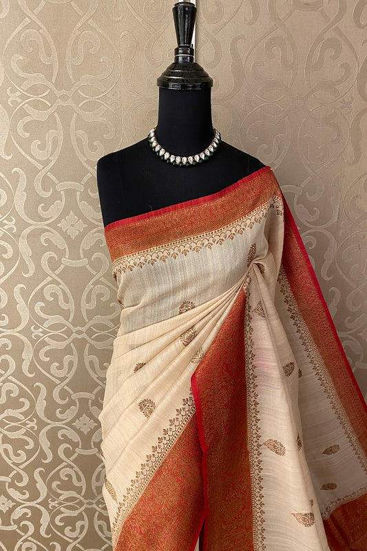 Offwhite Red Pure Tussar Banarasi Silk Saree, Hand Woven Motifs With Blouse