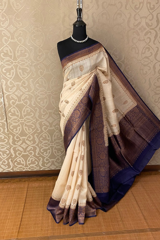 Offwhite Purple Pure Tussar Banarasi Silk Saree, Hand Woven Motifs With Blouse
