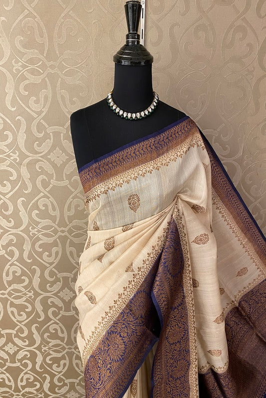 Offwhite Purple Pure Tussar Banarasi Silk Saree, Hand Woven Motifs With Blouse