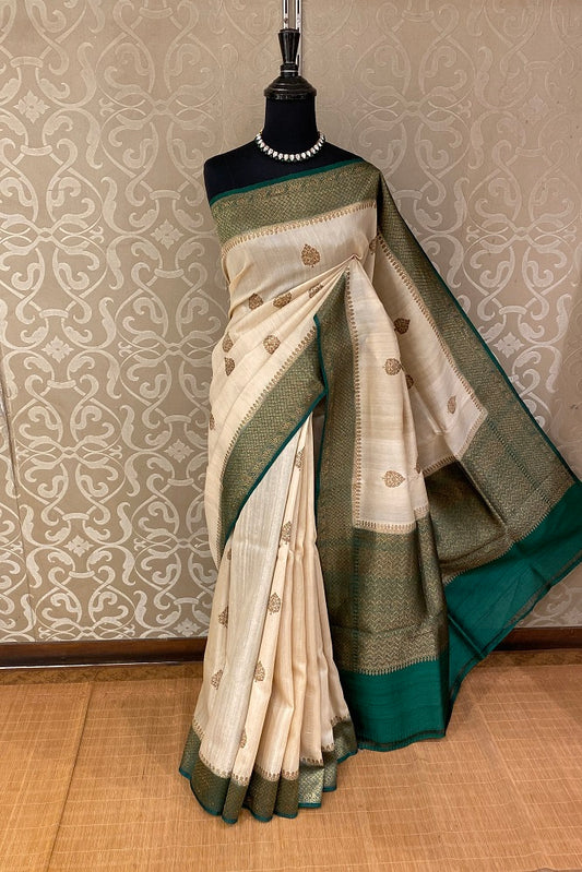 Offwhite Green Pure Tussar Banarasi Silk Saree, Hand Woven Motifs With Blouse