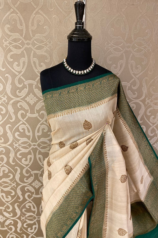 Offwhite Green Pure Tussar Banarasi Silk Saree, Hand Woven Motifs With Blouse