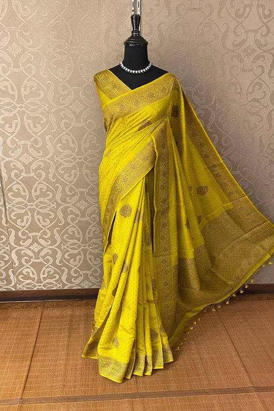 Lime Green Pure Munga Banarasi Silk Saree, Hand Woven Motifs With Blouse