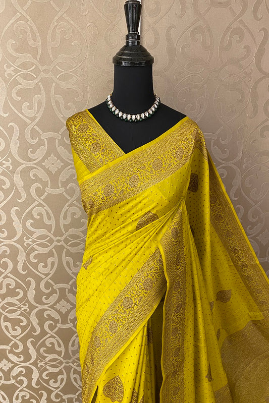 Lime Green Pure Munga Banarasi Silk Saree, Hand Woven Motifs With Blouse