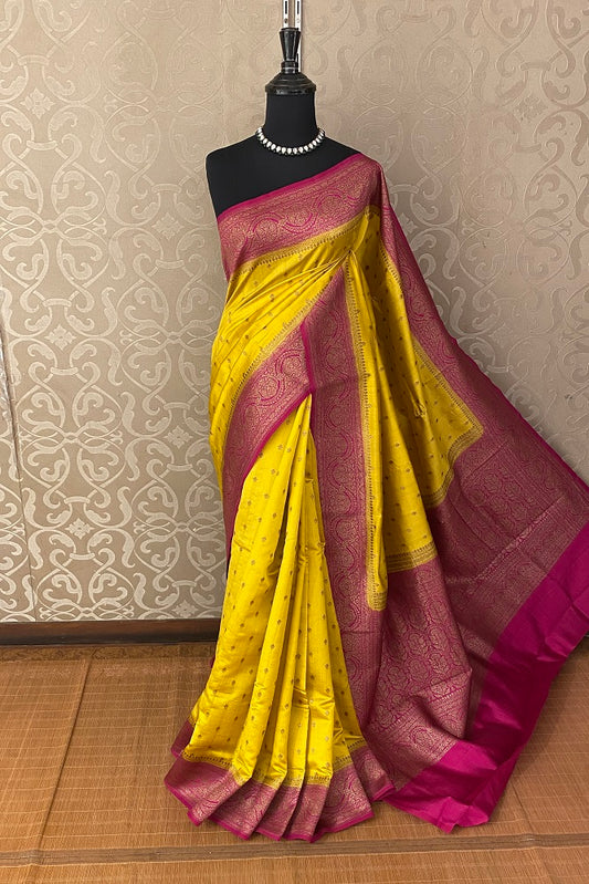 Yellow Pink Pure Munga Banarasi Silk Saree, Hand Woven Motifs With Blouse