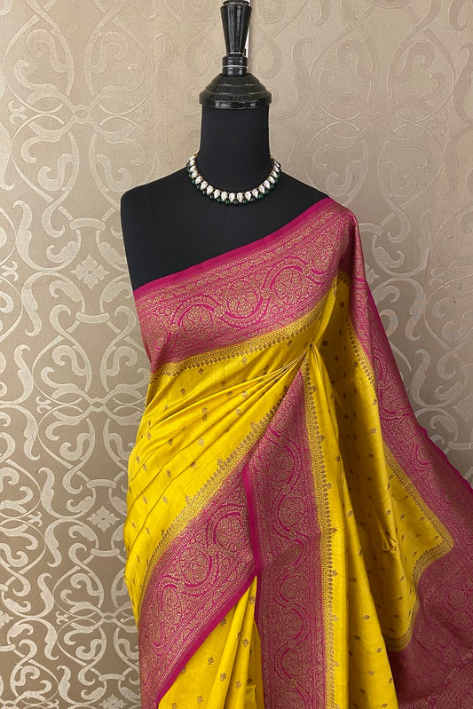Yellow Pink Pure Munga Banarasi Silk Saree, Hand Woven Motifs With Blouse