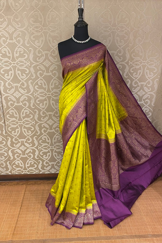 Lime Green Pure Munga Banarasi Silk Saree, Hand Woven Motifs With Blouse