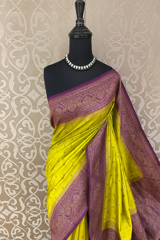 Lime Green Pure Munga Banarasi Silk Saree, Hand Woven Motifs With Blouse