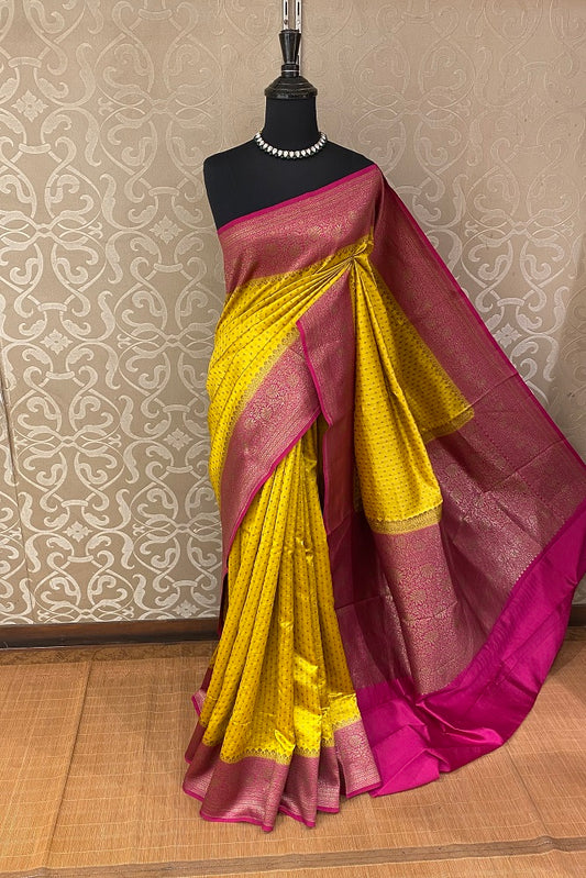 Yellow Pink Pure Munga Banarasi Silk Saree, Hand Woven Motifs With Blouse