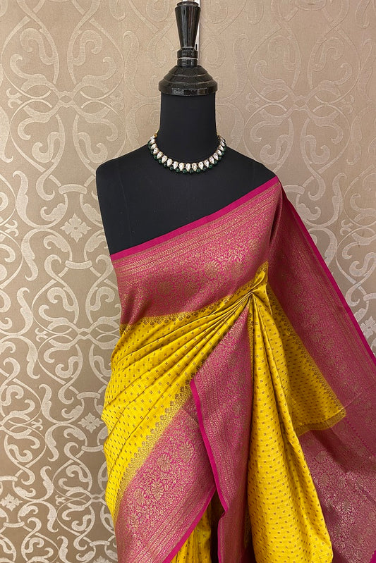 Yellow Pink Pure Munga Banarasi Silk Saree, Hand Woven Motifs With Blouse