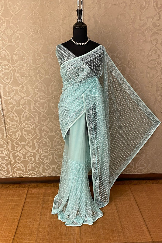Ice Blue Party Wear Net Embroidered Saree, With Blouse Piece