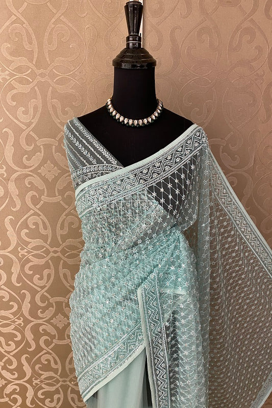 Ice Blue Party Wear Net Embroidered Saree, With Blouse Piece