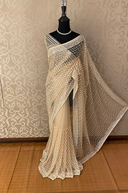 Beige Gold Party Wear Net Embroidered Saree, With Blouse Piece