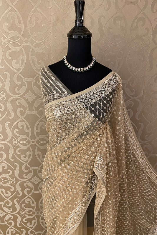 Beige Gold Party Wear Net Embroidered Saree, With Blouse Piece