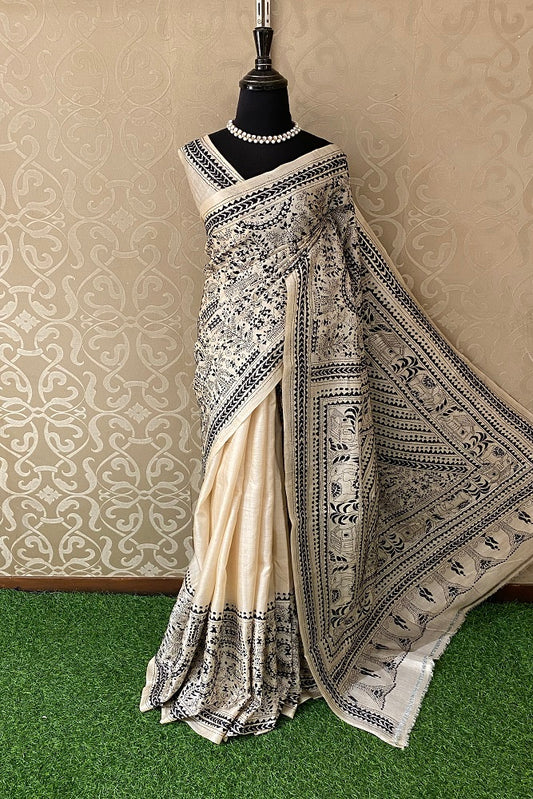 Offwhite Black Pure Tussar Bengal Kantha Stitch Saree, With Blouse.