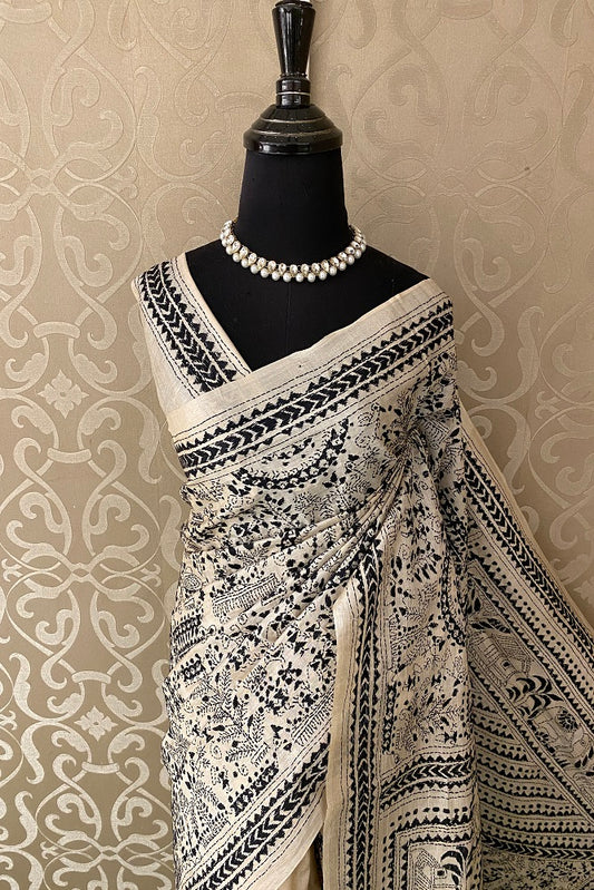 Offwhite Black Pure Tussar Bengal Kantha Stitch Saree, With Blouse.