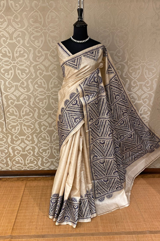 Offwhite Blue Pure Tussar Bengal Kantha Stitch Saree, With Blouse.