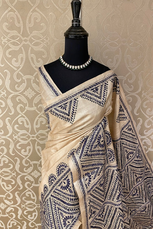 Offwhite Blue Pure Tussar Bengal Kantha Stitch Saree, With Blouse.