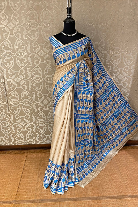 Offwhite Blue Pure Tussar Bengal Kantha Stitch Saree, With Blouse.