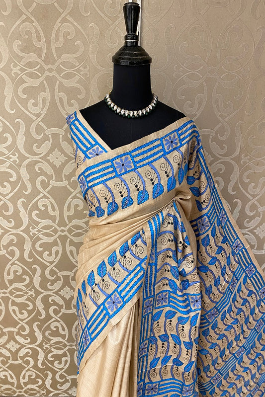Offwhite Blue Pure Tussar Bengal Kantha Stitch Saree, With Blouse.